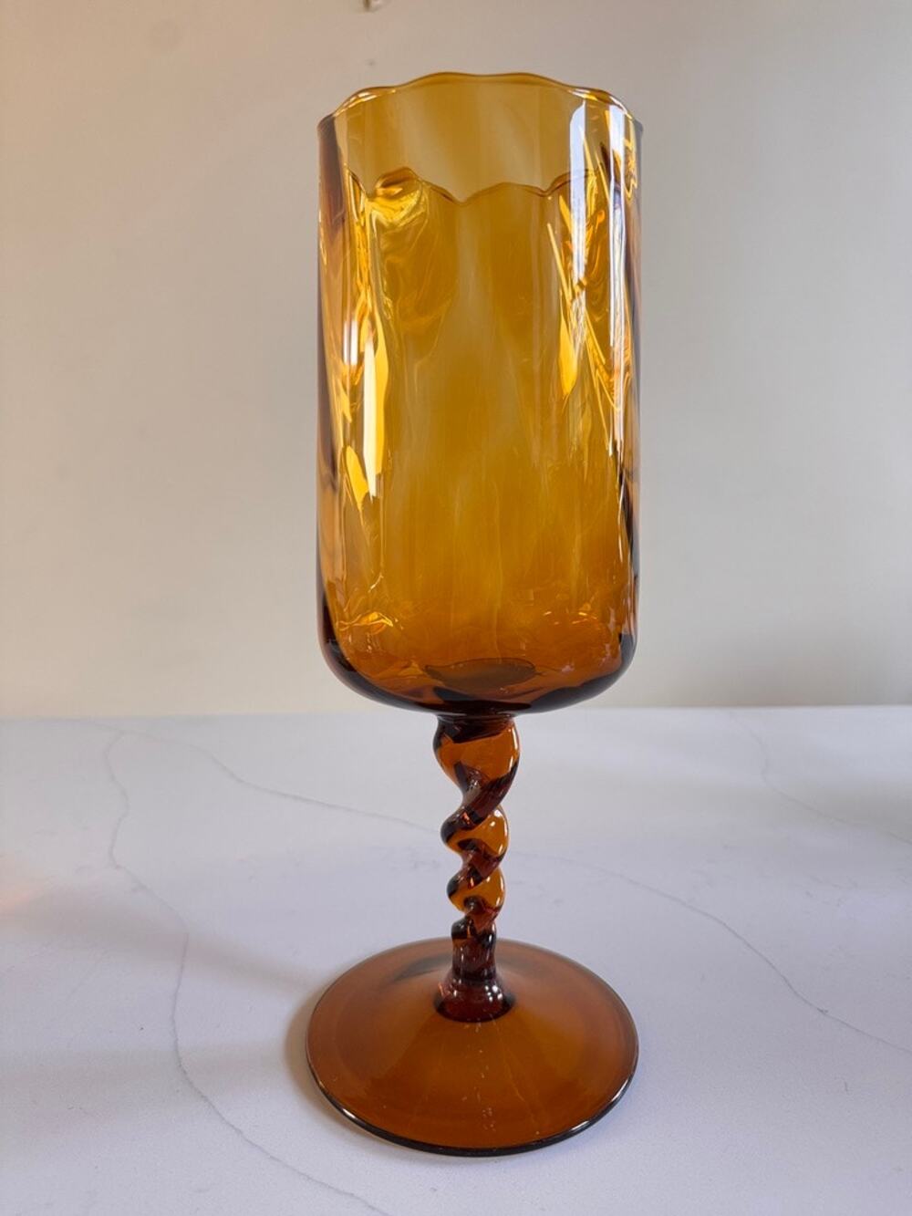 Vtg Empoli Italy Amber Art Glass 13” Oversized Goblet Vase Twisted Stem MCM